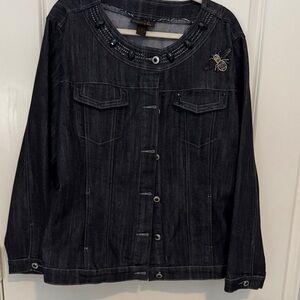 ASHLEY STEWART Black Denim Jacket with Beaded Collar